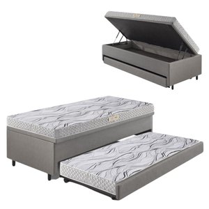 Bicama Box Baú Solteiro 88x188 corino Linho  com Colchão de Espuma Ecoline D20 Ecoflex