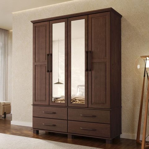 Guarda Roupa Solteiro com Espelho 4 Portas 4 Gavetas Madeira Maciça Zahav F06 Café - Lyam Decor