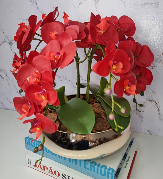 Arranjo Com 4 Orquídeas Vermelha Vaso Dourado 28cm - 3