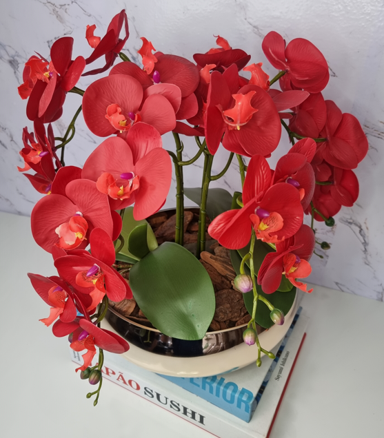 Arranjo Com 4 Orquídeas Vermelha Vaso Dourado 28cm - 2