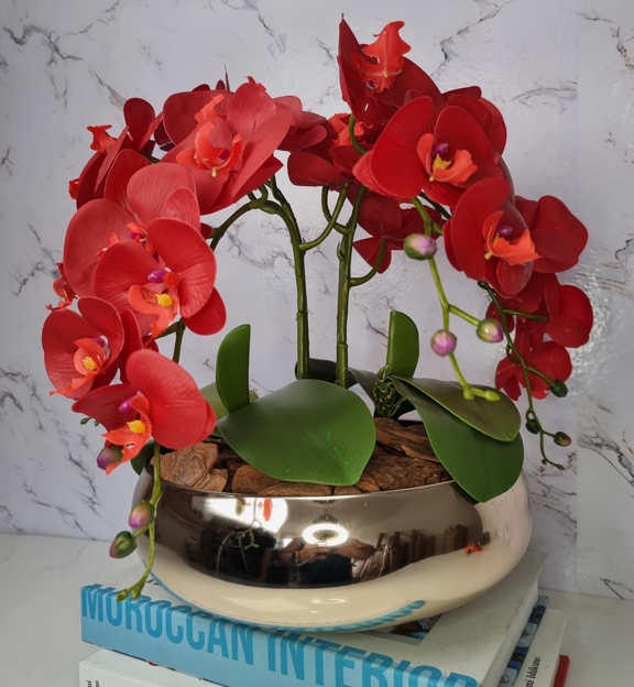 Arranjo Com 4 Orquídeas Vermelha Vaso Dourado 28cm - 1