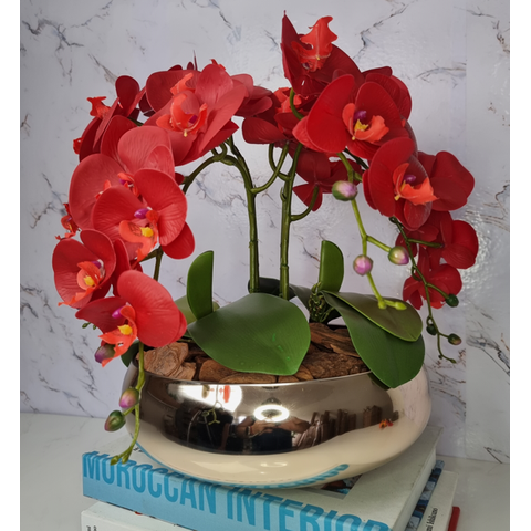 Arranjo Com 4 Orquídeas Vermelha Vaso Dourado 28cm