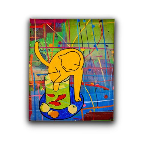 Quadro Decorativo em Acrílico Pintado a Mão Inspirado em Quadro o Gato com Peixes Vermelhos