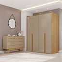 Ver imagem 1 de Conjunto Guarda-Roupa 4 Portas 3 Gavetas Cômoda 8 Gavetas com Tampo MDF Lizz Marrom/Fendi/Hannover
