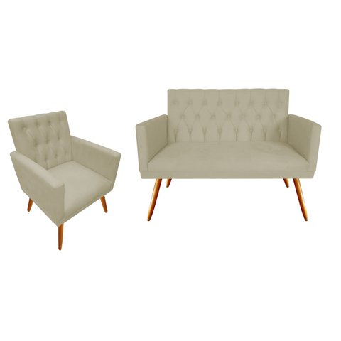 Kit Namoradeira + 1 Poltrona Decorativa Nina Capitonê Couro Bege Pés Madeira Mz Decor