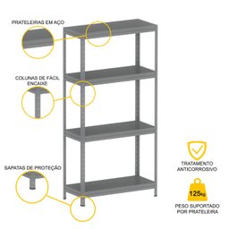 ESTANTE DE AÇO PESADA 185X92X40 4 PRAT. AÇO PANDIN - CINZA EPP1850X400 PRAT AÇO - 3