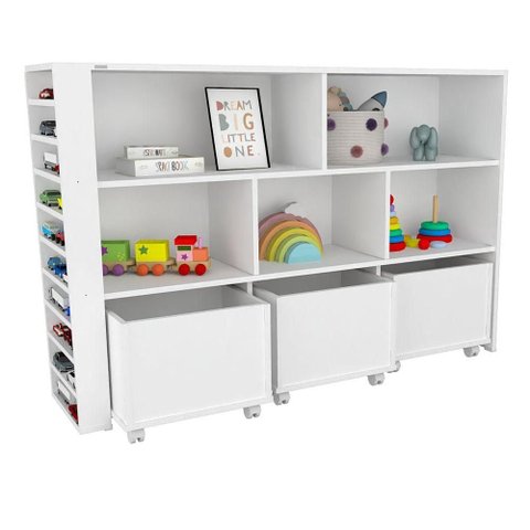 Organizador Infantil Natanael Baús e Porta Carrinho MDF 135cm Branco