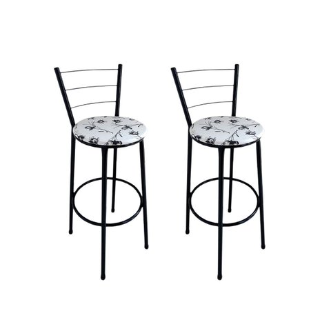 Kit 2 Banquetas Alta Preta com Encosto Assento Branco Floral Jaddi