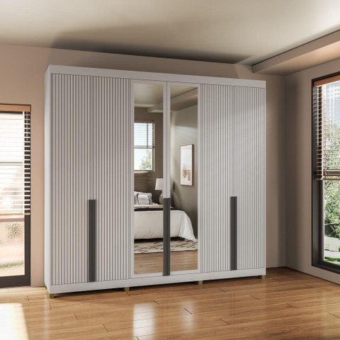 Guarda Roupa Casal 6 Portas com Espelho 235x250 cm Cinza 100% MDF Casamia