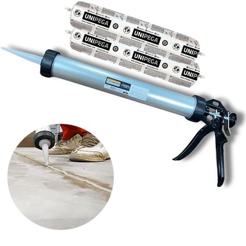 Kit Aplicador de Silicone 15" Profissional + 2 Selante Pu40 Cinza Unipega Sachê 600ml Vedação Colage