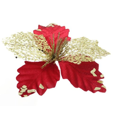 Kit 2 Flor de Natal Vermelha Artificial com Brilho 19cm