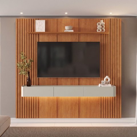 Painel Rack para TV até 75 Polegadas 3 Gavetas 234CMX250CM Ripado com LED 100% MDF Apolo