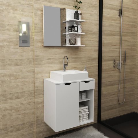 Kit Gabinete Branco e Espelheira Mármore Branco - Tecno