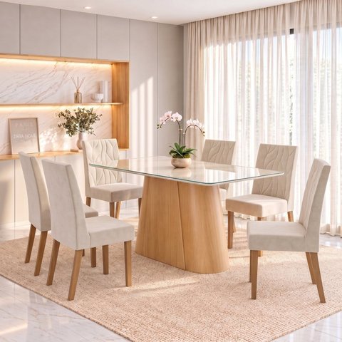 Conjunto Sala de Jantar Mesa Olivia 160cm Tampo MDF e Vidro Canto Arredondado 6 Cadeiras Flavia