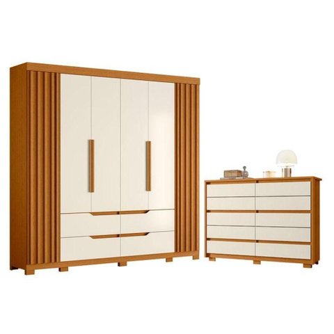 Kit Guarda Roupa Doble e Cômoda Duetto 6 Portas 10 Gavetas MDP Off White