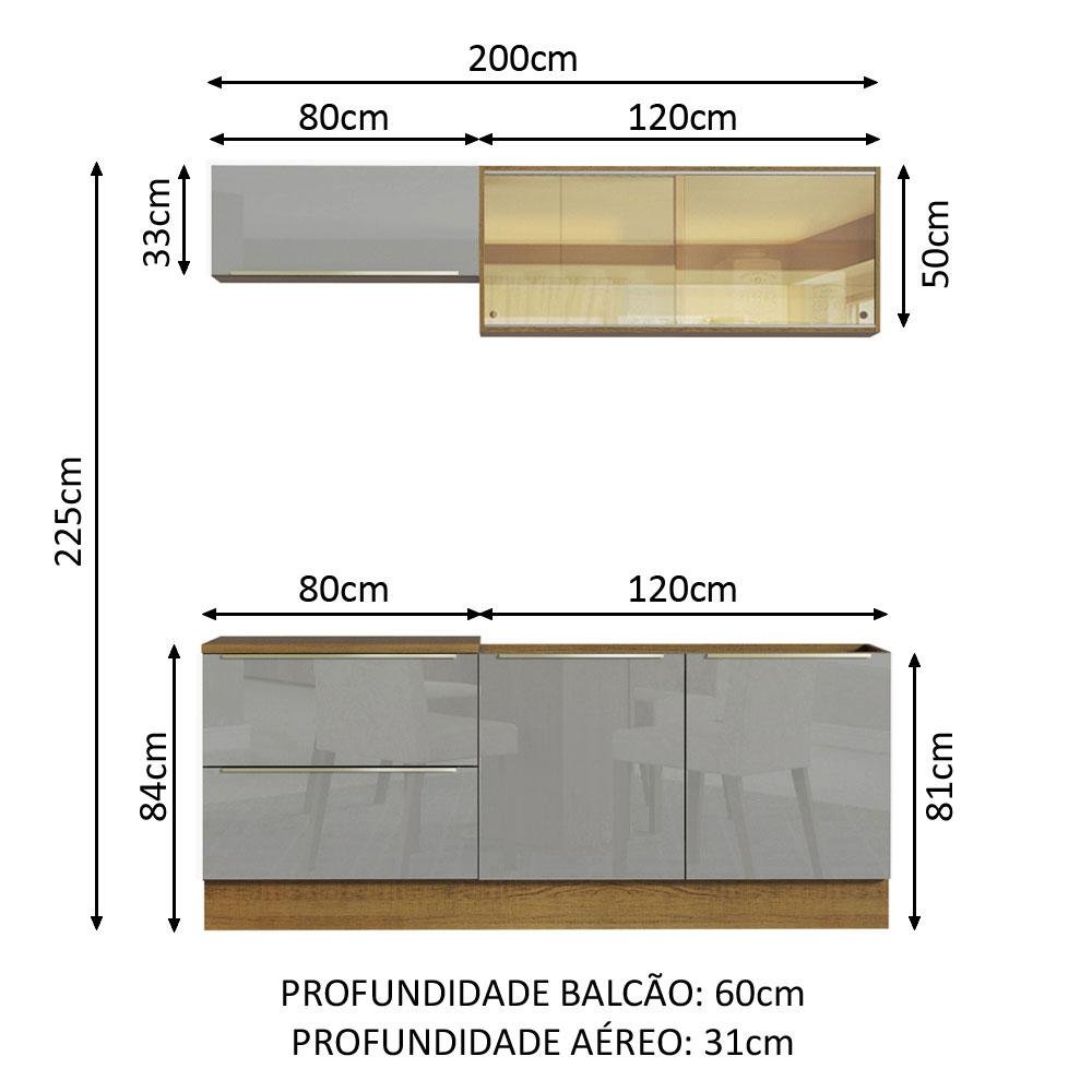 Armário de Cozinha Compacta 200cm Rustic/Cinza Lux Madesa 01 - 4