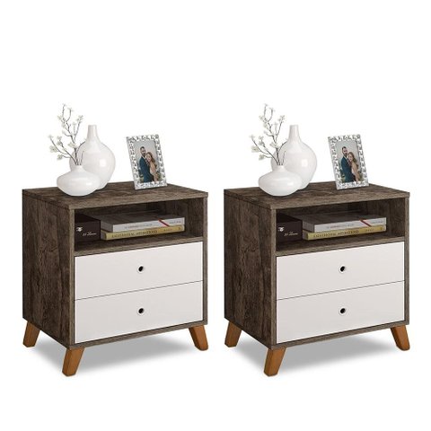 Conjunto 2 Criados de Cabeceiras 2 Gavetas e 1 Nicho Castani com Branco