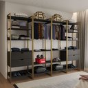 Ver imagem 1 de Guarda Roupa Aberto Industrial Casal Modulado Completo Preto Cabideiro com Gavetas Base Dourada