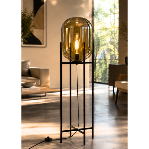 Luminária de Chão Piso 100cm Globo Vidro Fumê Cinza Espelhada Coluna Pedestal Lv-Ash-3 Gimpo