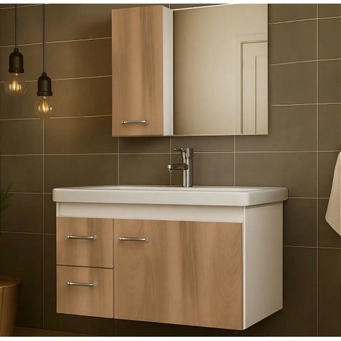 Conjunto de Banheiro Mdf 0,74 M com Cuba Folha Moderno:branco/freijo