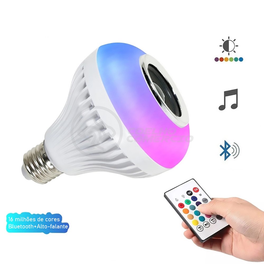 Lâmpada LED 12w E27 RGB Colorida com Caixa de Som Bluetooth e Controle Remoto