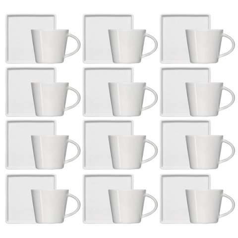Kit 12 Xícaras de Café 90ml em Porcelana Branca com Pires Quadrado Germer