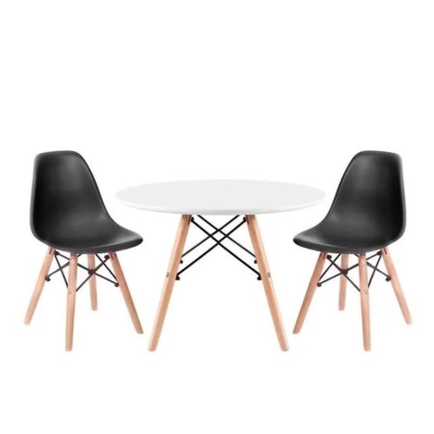 Conjunto Infantil Mesa Eames Branca 60cm com 2 Cadeiras Preta