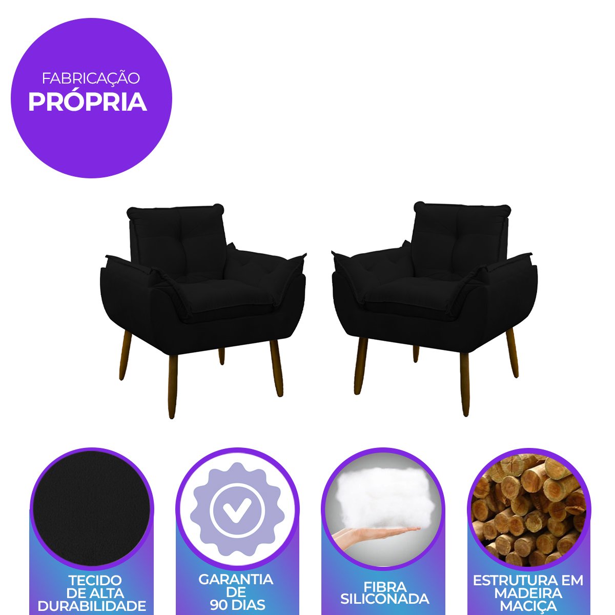 Kit 2 Poltrona Decorativa Sala Estar Escritório Quarto Prime: Preto - 6