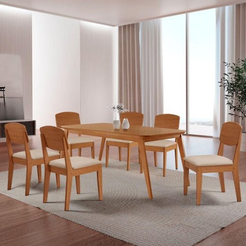 Mesa de Jantar Copper 180cm Tampo Mdf 6 Cadeiras Moderna Veludo Creme/naturalle/naturalle