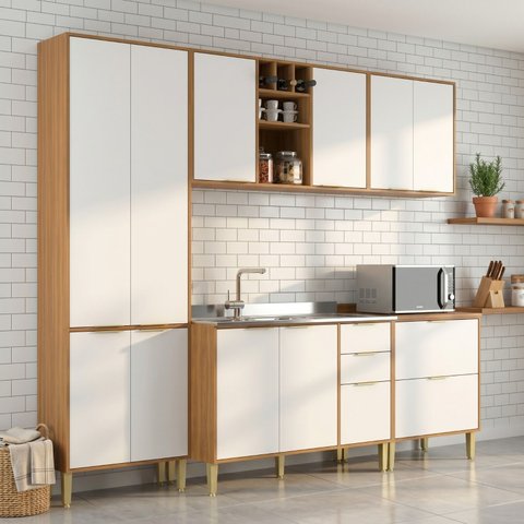 Cozinha Compacta Modulada 10 Portas 5 Gavetas Domus Espresso Móveis Branco/Nogal