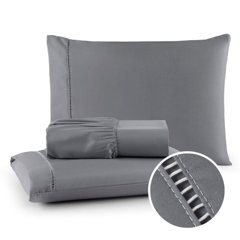 Jogo de Lençol Queen 400 Fios 3 Peças Toque Macio Cor:cinza