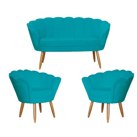 Kit Namoradeira + 2 Poltronas Decorativa Pétala Suede Azul Tifany Pés Madeira Mz Decor