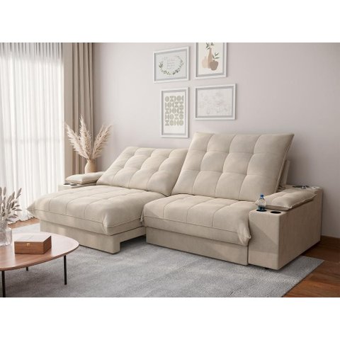 Sofá Thor 2,10cm com Super Pillow e Molas Ensacadas Veludocristal- Netsofas - Areia