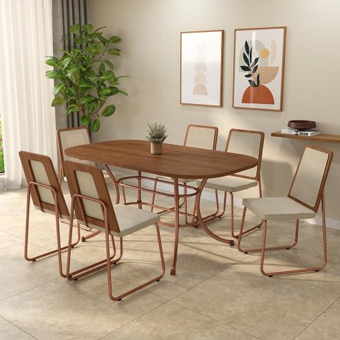 Conjunto de Sala de Jantar 6 Cadeiras Linea Carraro Freijó Rosê