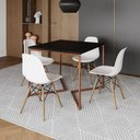 Ver imagem 1 de Mesa Industrial Jantar Quadrada Preta 90X90Cm Base Cobre V Com 4 Cadeiras Brancas Madei Preto