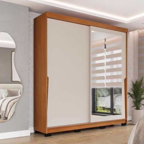 Roupeiro Porto 2 Portas de Correr com Espelho 177x213cm Freijó/Creme 240849