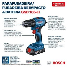 Parafusadeira Furadeira 18v Impacto GSB185-LI BOSCH + Kit-Bivolt - 6