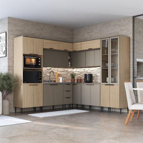 Cozinha Completa Modulada de Canto 11 Peças com Cristaleira e Porta Ripada Lavínia