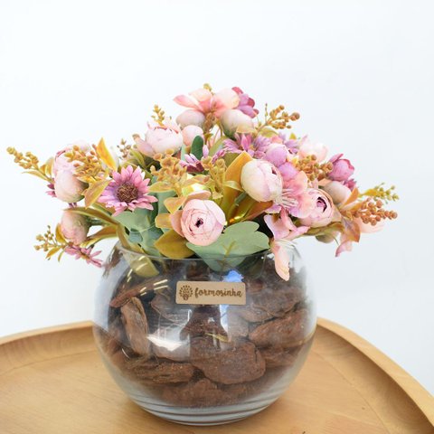 Arranjo de Flores Artificiais Camélias no Vaso de Vidro 23cm | Formosinha