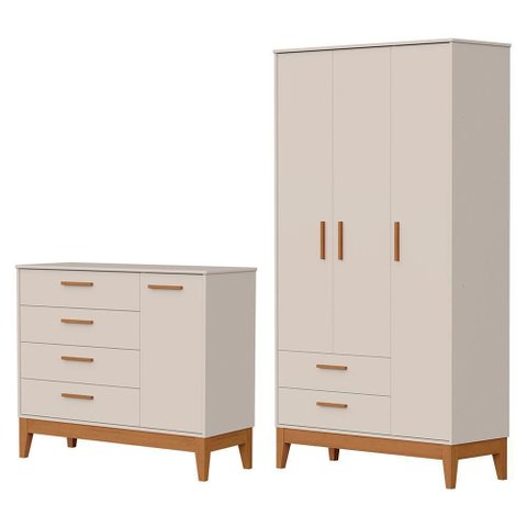 Jogo de Quarto Infantil Flip Guarda Roupa 3 Portas e Cômoda 1 Porta Areia Fosco - Reller Móveis