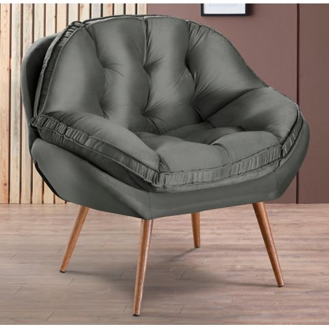 Poltrona Decorativa Almofadada Pé Palito Veludo Dallas Cinza
