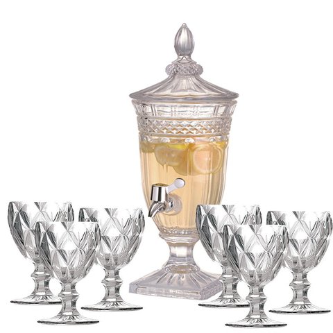 Kit Suqueira Cristal 1,8l + 6 Taças de Vidro Diamante 260ml