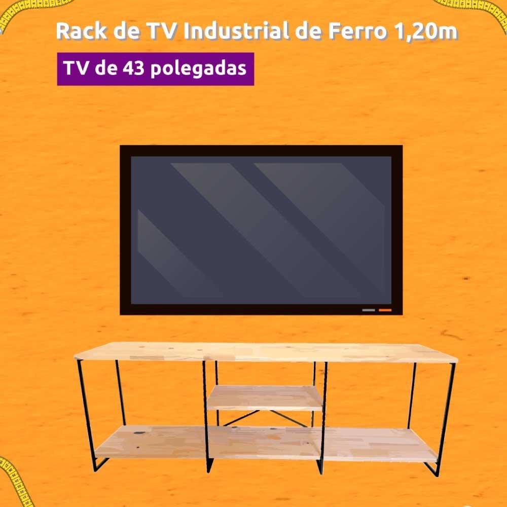 Rack de TV Industrial de Ferro e Madeira Duo 1,20m Natural e Preto - 4