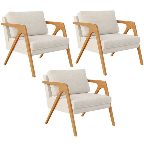 Kit 3 Poltronas Decorativas Sala Estar Pietra Estrutura de Madeira L02 Linho Champanhe - Lyam