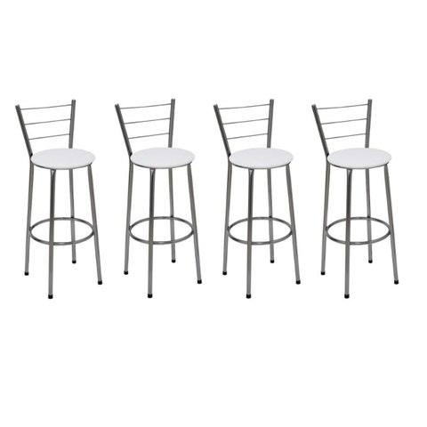 Kit 4 Banquetas Altas Cromada com Encosto Assento Branco