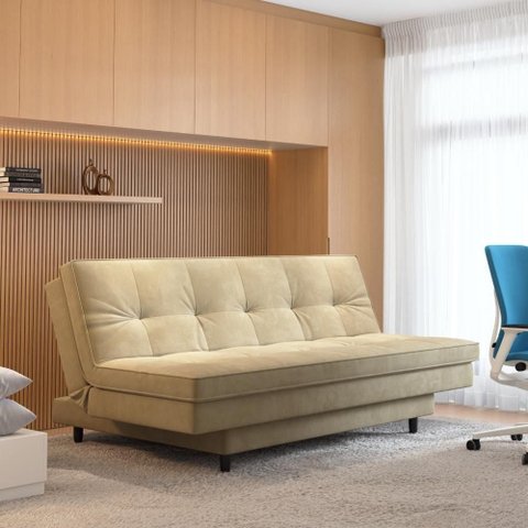 Sofá-Cama Roz Plush 4 Lugares Fixo Reclinável 180cm Bege Suede