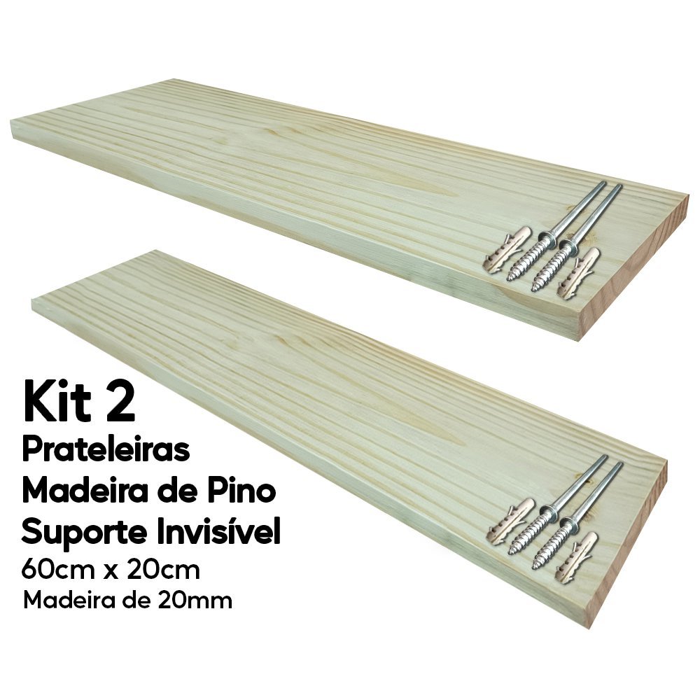 Kit 2 Prateleiras Madeira de Pino 60x20 Suporte Invisível Arte na Arte Prateleira Madeira de Pino Su - 2