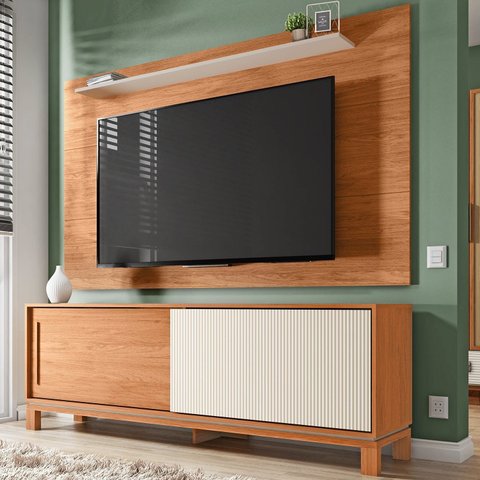 Rack com Painel Tv até 65 Polegadas 190cmx179,2cm e Acabamento Microripado 2 Portas de Correr Flora Marrom Freijo/Off White