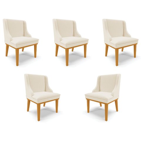 Kit 5 Cadeiras Decorativas Sala de Jantar Base Fixa de Madeira Firenze Linho Bege/Castanho G19 - Gra