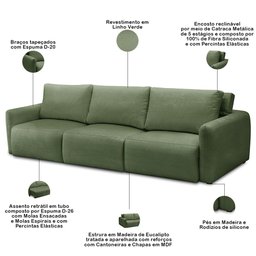 Sofá Retrátil Reclinável para Sala 5 Lugares 345cm Egeu F04 Linho Verde - Lyam Decor - 3
